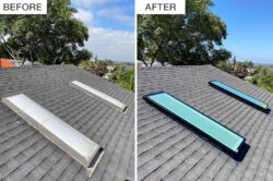 Before and after comparison of a replaced skylight on a roof